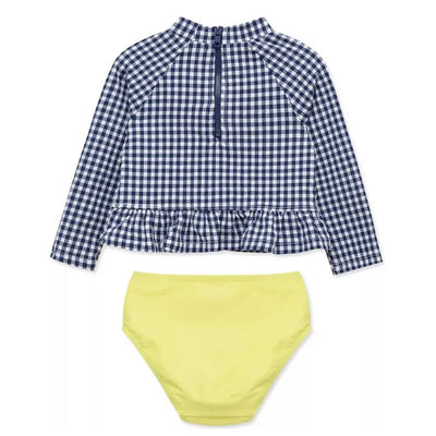 Gingham rashguard swim set for baby girls, featuring a long-sleeve navy and white checkered top with a ruffled hem and a yellow bikini bottom.