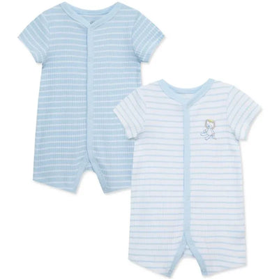 Two blue baby boy rompers from Little Me, one with stripes and the other with a character print.