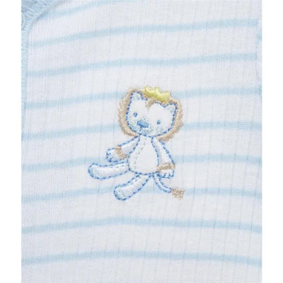 Blue striped baby romper featuring an embroidered lion with a crown design.