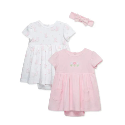 Two-pack baby dresses in pink, featuring a white dress with bunny prints and a pink dress with tulip embroidery, plus a pink headband.