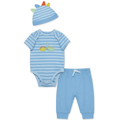 Three-piece baby boy outfit featuring a blue striped bodysuit with dinosaur graphics, matching blue pants, and a dinosaur-themed hat.