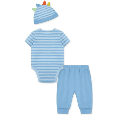 Light blue three-piece baby boy outfit featuring a striped bodysuit, solid pants, and a hat with colorful dinosaur spikes.