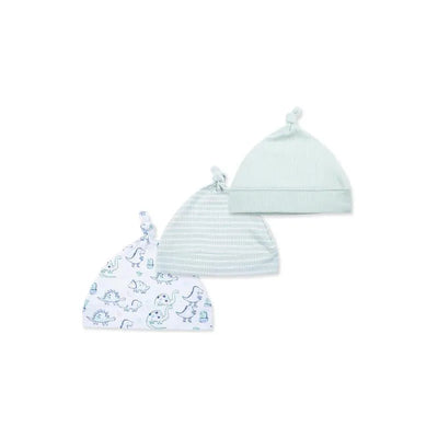 Three baby hats from the Little Me Dino Hat Set, featuring dinosaur prints and soft pastel colors.