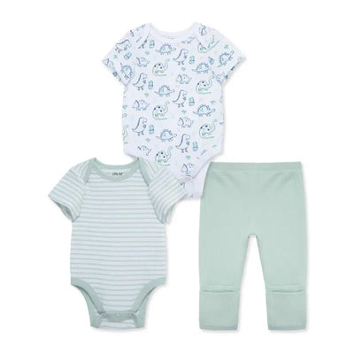 Three-piece baby outfit set featuring a white bodysuit with colorful dinosaur prints, a mint striped bodysuit, and mint ribbed pants.