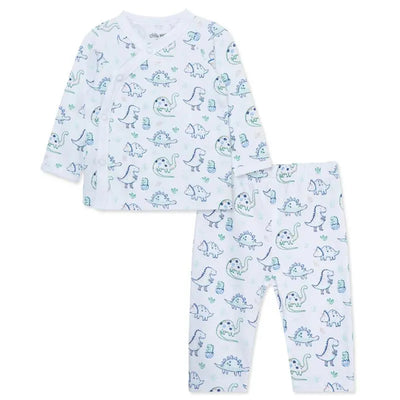 Green dinosaur-themed cardigan set for babies, featuring a long-sleeved top and matching pants with playful dinosaur prints.