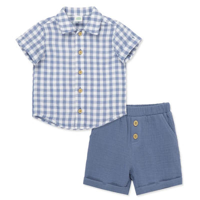 Little Me - Baby Boy Check Short Set, Blue Image 1