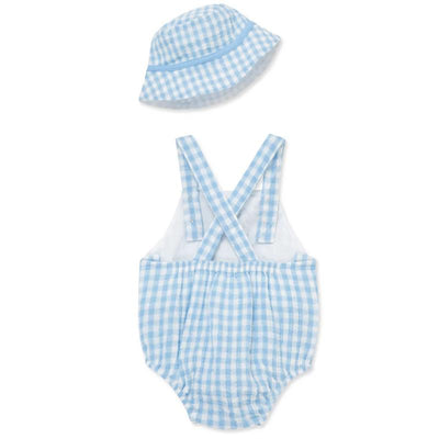 Little Me - Baby Boy Check Sunsuit Hat, Blue Image 2