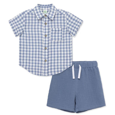 Baby boy check woven short set featuring a blue and white plaid short-sleeve shirt and coordinating blue shorts.