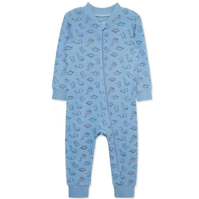 Blue zip-front pajama for baby boys featuring a colorful dinosaur print throughout the fabric.
