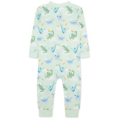 Baby boy zip front pajama featuring a dragon print in green, blue, and orange on a light mint background.