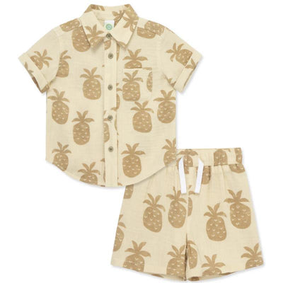 Tan woven short set for baby boys featuring a short-sleeve shirt with pineapple print and matching shorts.