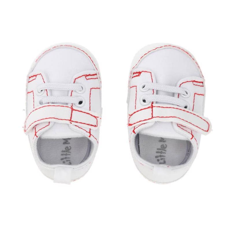 Baby boy sneakers in white with red stitching and Velcro strap, featuring a soft sole for comfort.