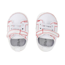 Baby boy sneakers in white with red stitching and Velcro strap, featuring a soft sole for comfort.