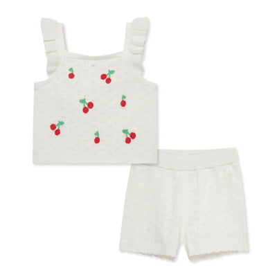 Ivory baby girl knit set featuring a ruffled tank top adorned with cherry prints and matching shorts.