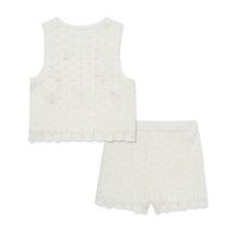 Ivory two-piece baby girl cherry pointelle set featuring a sleeveless top and matching shorts with scalloped edges.