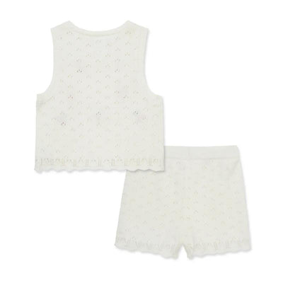 Ivory two-piece baby girl cherry pointelle set featuring a sleeveless top and matching shorts with scalloped edges.