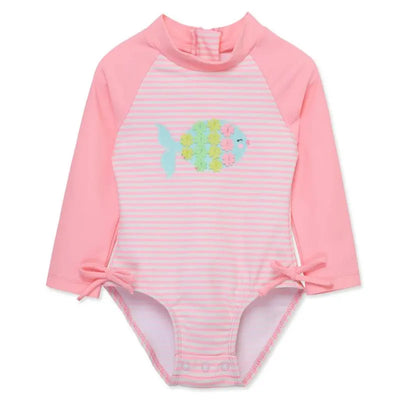 1-piece baby girl rashguard swimsuit in pink with coral and white stripes, featuring a colorful fish design and bows on the sides.