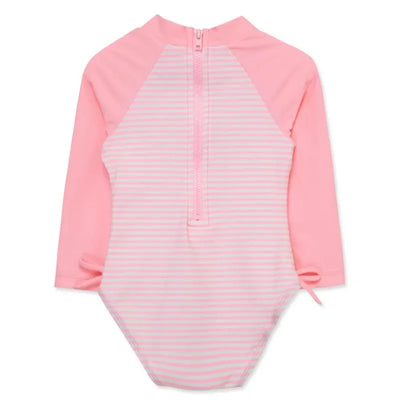 Pink and white striped rashguard swimsuit for baby girls, featuring long sleeves and a back zipper.