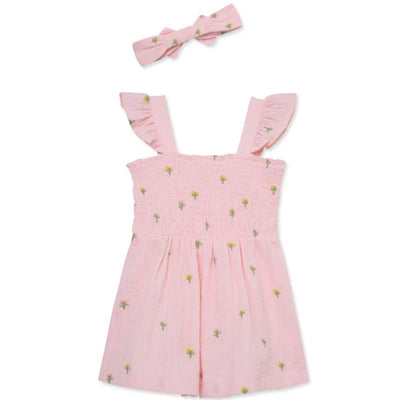 Baby girl floral romper in pink with ruffled straps and embroidered flowers, accompanied by a matching headband.