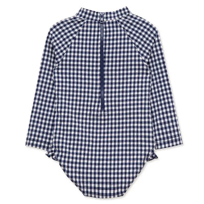 Blue gingham one-piece rashguard swimsuit for baby girls, featuring long sleeves and a back zipper.