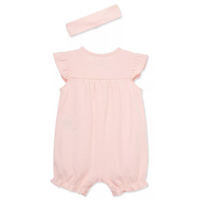Baby girl pink romper with flutter sleeves and ruffled cuffs, accompanied by a matching headband.