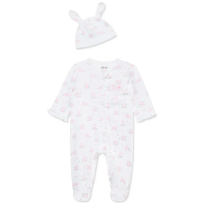 Little Me - Baby Girl Pink Bunny Footie & Hat Image 1