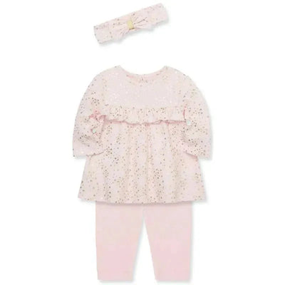 Rib knit tunic set for baby girls in pink, featuring a sequined top, ruffle detail, and matching pants, accompanied by a headband.