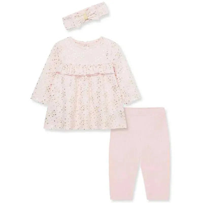 Pink heart shine rib knit tunic set for baby girls, featuring a long-sleeve tunic, matching leggings, and a headband.