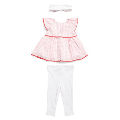 Baby girl’s strawberry check set featuring a pink gingham tunic with flutter sleeves, white leggings, and a matching headband.