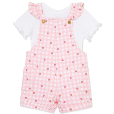 Pink gingham shortall set for baby girls featuring strawberry print, ruffled straps, and attached white shirt.