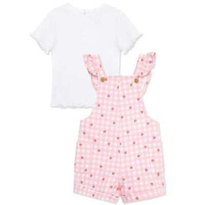 Baby girl shortall set featuring a pink gingham pattern with strawberry prints, paired with a white ruffled short-sleeve top.