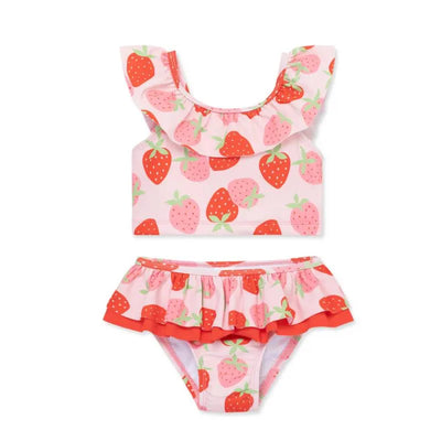 Baby girl swimsuit featuring a pink top with ruffled straps and a matching bottom, both adorned with vibrant strawberry prints.