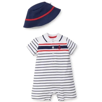 Little Me Breezy Sails Striped Romper, Navy/White Image 1