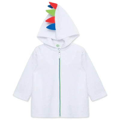 Dino-themed white robe coverup with a hood featuring colorful felt spikes and front zipper closure.