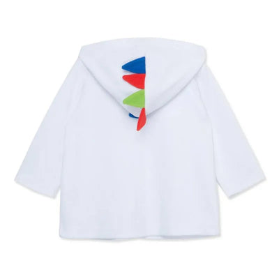 White dinosaur-themed robe coverup with a hood adorned in colorful felt spikes.