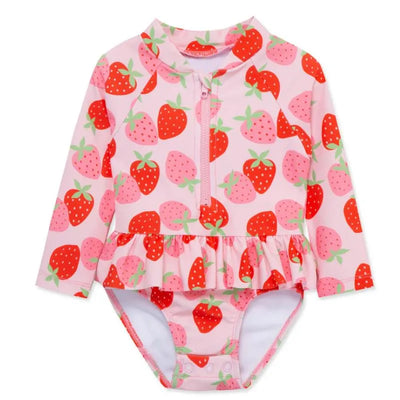Little Me Strawberry 1-Piece Rashguard Swimsuit in rose, featuring long sleeves and a ruffled bottom with a strawberry pattern.