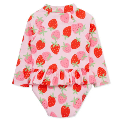 Rose-colored long-sleeve swimsuit featuring a strawberry print and a ruffled hem, designed for young children.