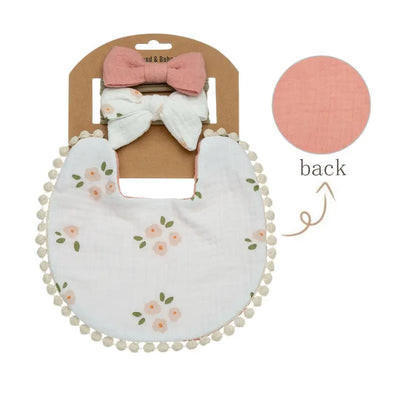 Little Trendy - Baby Floral Cotton Waterproofer Bib And Bows Headband Set, Color 1 Image 1