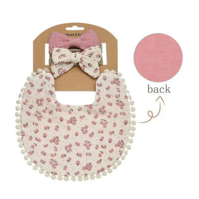 Little Trendy - Baby Floral Cotton Waterproofer Bib And Bows Headband Set, Color 6 Image 1