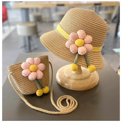Little Trendy - Sun Protection Beach Straw Hat & Flower Straw Bag, 2Pcs Set Image 1