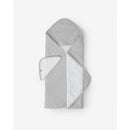Hooded towel in grey stripes with a plush white interior, designed for children’s bath time.