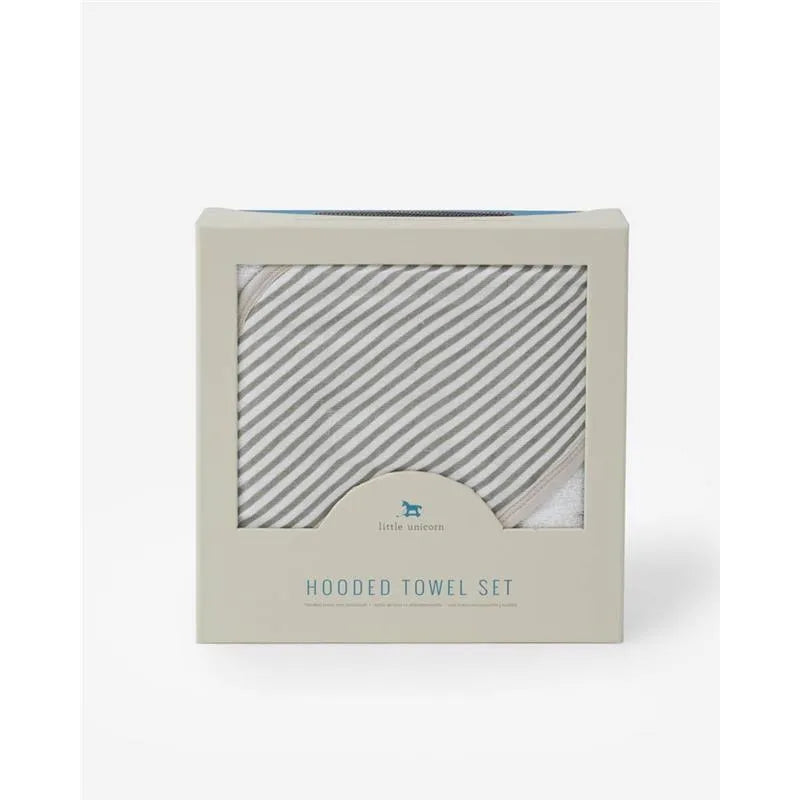 Hooded towel set by Little Unicorn in grey stripes, featuring the product packaging with a clear view of the materials inside.