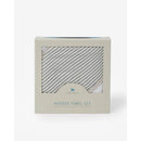 Hooded towel set by Little Unicorn in grey stripes, featuring the product packaging with a clear view of the materials inside.