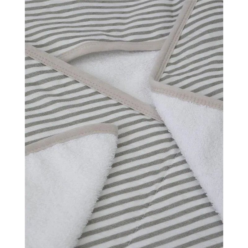 Hooded towel in grey stripes with a white, plush inner lining; designed for drying and wrapping children.