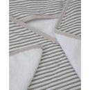 Hooded towel in grey stripes with a white, plush inner lining; designed for drying and wrapping children.