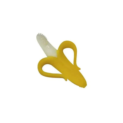Yellow banana-shaped infant toothbrush with a textured silicone brush head for safe dental hygiene.