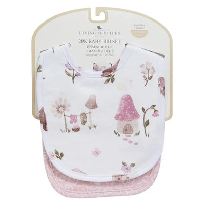 2-pack baby bib set featuring mushroom house and floral patterns, made of 100% cotton, suitable for ages 0 months and up.
