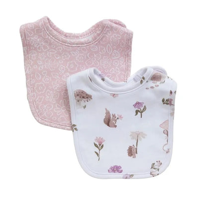 Two baby bibs in a 2-pack set: one pink with floral patterns and a second white featuring whimsical forest animals and flowers.