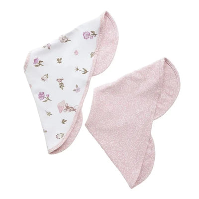 Set of two burp cloths featuring a floral design and a light pink pattern, suitable for feeding babies.