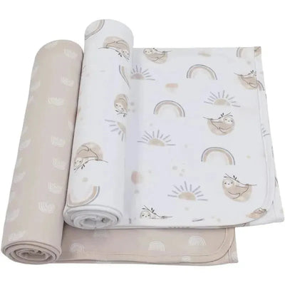 Two packs of jersey swaddles featuring sloths and rainbows in neutral colors.